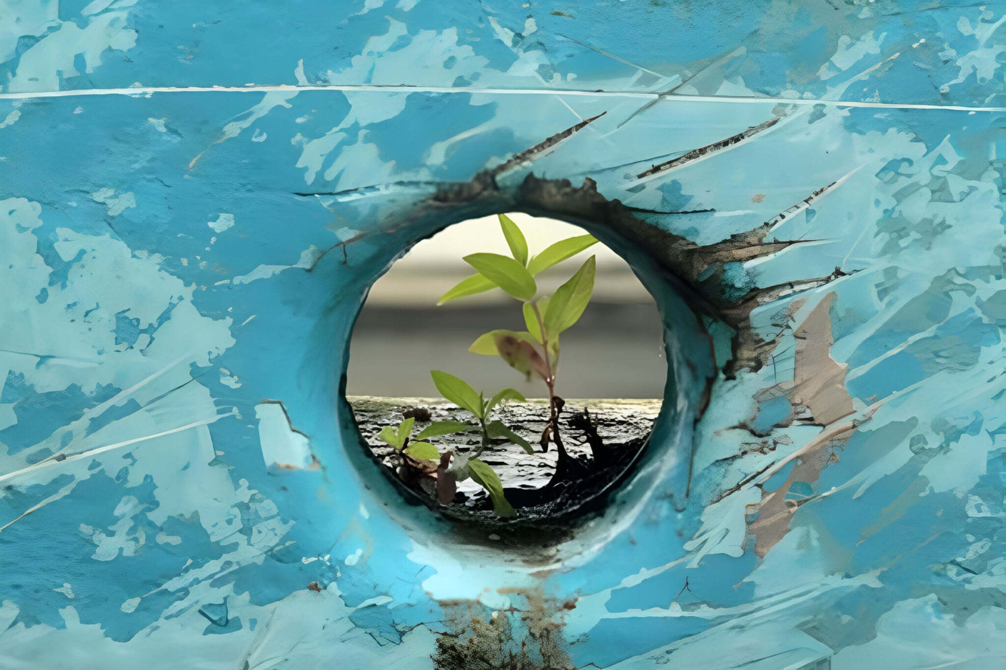 A plant growing in the center of a hole.