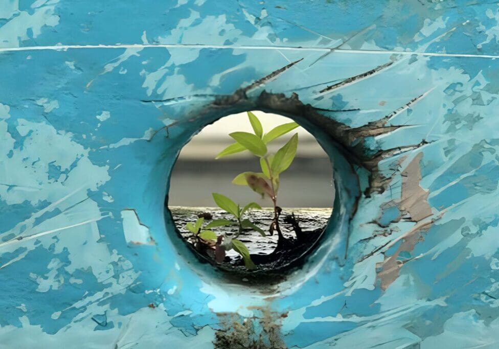A plant growing in the center of a hole.